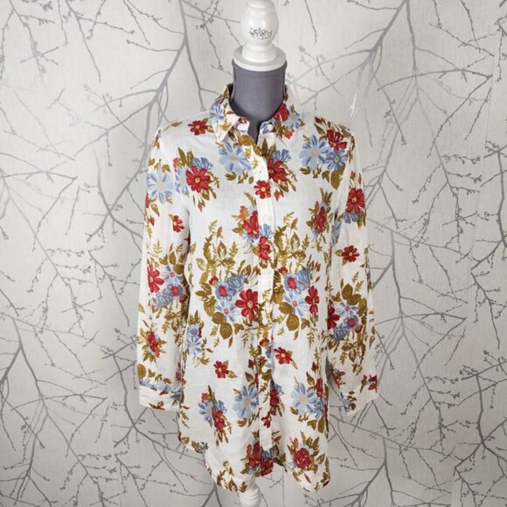 Contemporaine Colorful Floral Print 100% Linen Button Front Tunic